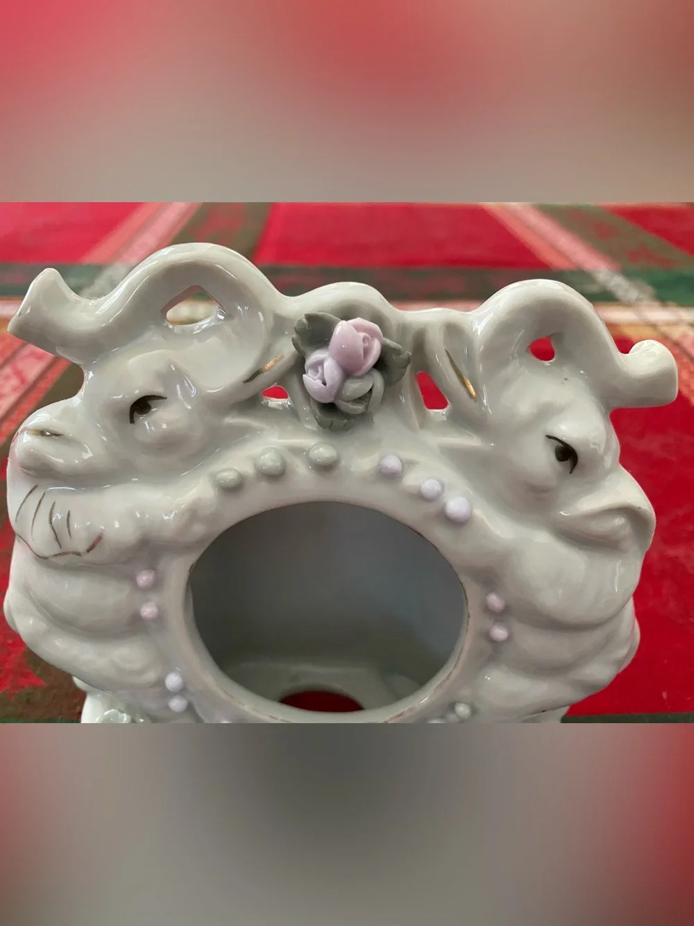 Vintage Loving Elephants White Ceramic Photo Frame with Pink Accent Flowers 5”